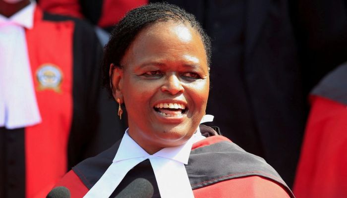 Kenyas Chief Justice Martha Koome addresses members of the Judiciary during a reception after her Swearing-in ceremony, outside the Supreme Court building in Nairobi, Kenya May 21, 2021. — Reuters