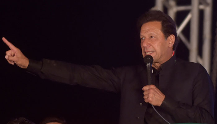 PTI Chairman Imran Khan addressing a public gathering. — AFP/File