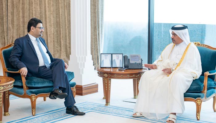 Finance Minister Miftah Ismail meetsQatari counterpart Ali bin Ahmed Al-Kuwari on August 22, 2022. — Twitter/MoF_Qatar