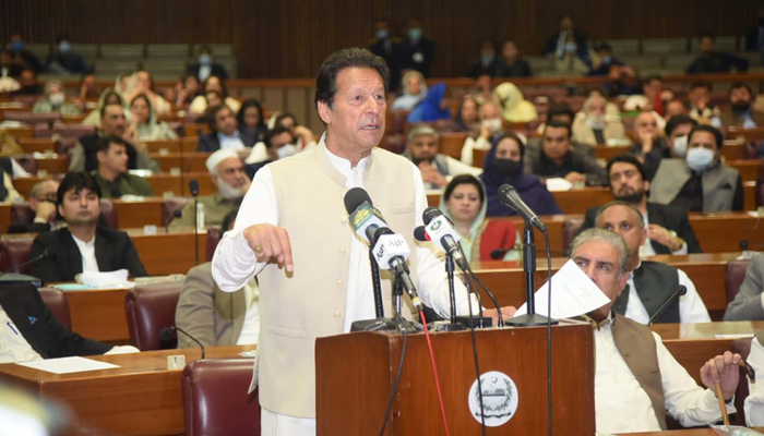 Former prime minister Imran Khan speaks during National Assembly session summoned for premiers vote of confidence move, on March 06, 2021. — PID