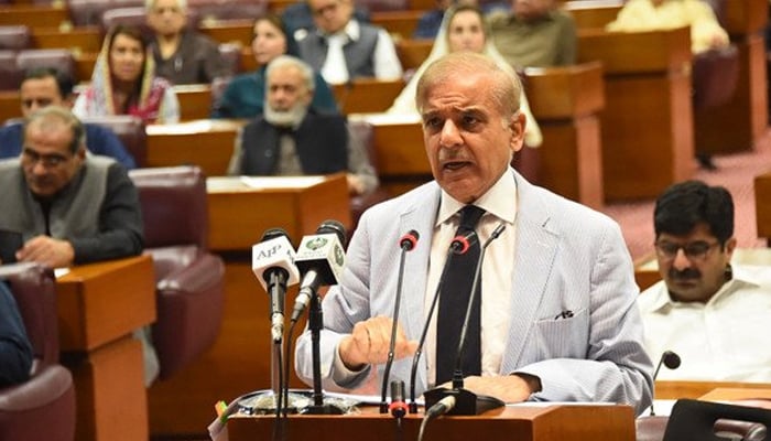Prime Minister Shehbaz Sharif addressing the National Assembly session after being elected as the premier of Pakistan on April 11, 2022. — PID