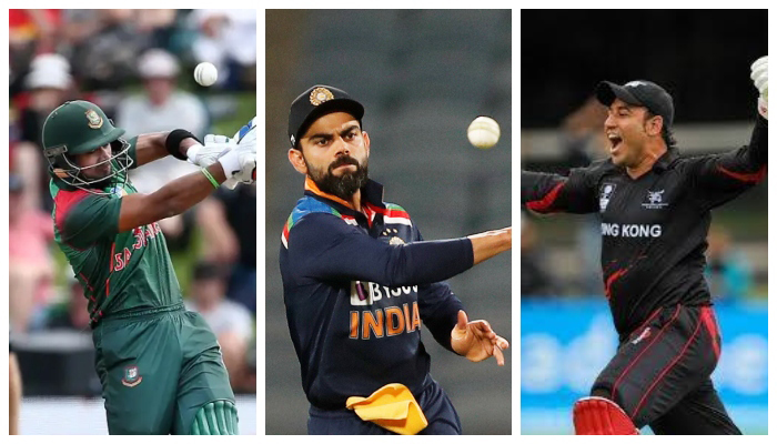 (L to R) Bangladeshs Sabbir Rahman, Indias Virat Kohli, and Hong Kongs Babar Hayat. — Twitter/Reuters/ICC