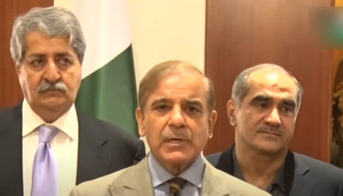 Prime Minister Shehbaz Sharif addressing nation from Qatar on August 23, 2022. — YouTube screengrab