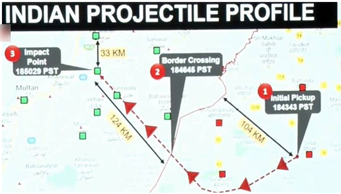 A timeline of the Indian missile that entered Pakistan airspace, on March 9, 2022. — Screengrab via PTV News Live