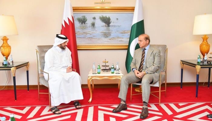 Prime Minister Shehbaz Sharif meets Qatar Investment Authority CEO Mansoor Mehmood during his two-day visit to Qatar. — Twitter/PMO_PK