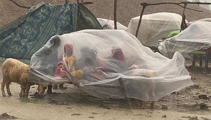 A displaced family sits under a temporary shelter of plastic sheets in a rescue camp in Pakistan. — Twitter