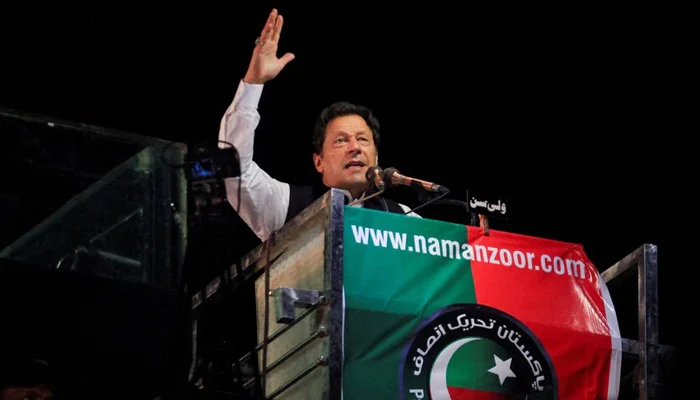 Ousted prime minister Imran Khan gestures as he addresses supporters during a rally, in Lahore, Pakistan April 21, 2022. — Reuters