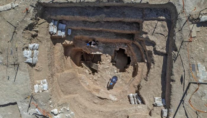 An aerial view shows a recently uncovered mansion dating back to the early Islamic period between the eighth and ninth centuries, in the Bedouin town of Rahat in Israels southern Negev desert, Aug. 23, 2022.— AFP