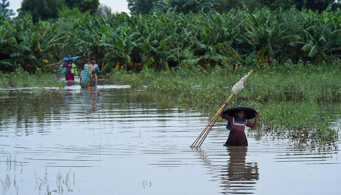 A stranded man carries a goat as he wades through a flooded area after heavy monsoon rainfall in Nawabshah district of Sindh province, southern Pakistan on August 25, 2022. — AFP