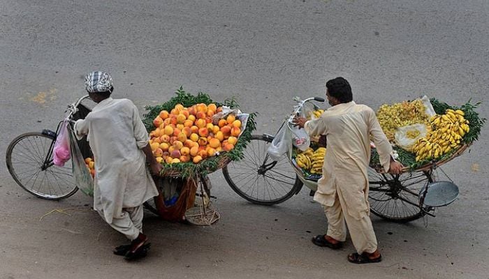 Pakistani fruit vendors ride their bicycles down a street in Lahore, waiting for customers. Agriculture accounts for a sizable portion of Pakistans fragile economy.— AFP