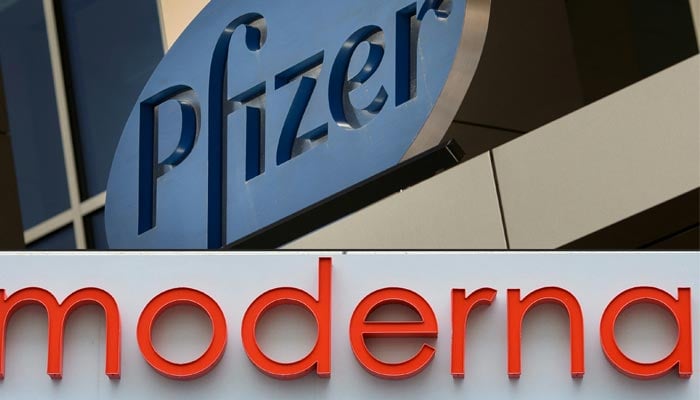 This combination of file pictures created on August 05, 2020, shows a sign for Pfizer pharmaceutical company on a building in Cambridge, Massachusetts, on March 18, 2017 and the Moderna headquarters in Cambridge, Massachusetts on May 18, 2020. &mdash; AFP