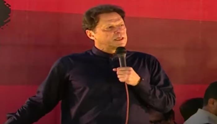 PTI Chairman Imran Khan addressing a public gathering in Jhelum on August 27, 2022. — Screengrab YouTube/PTI