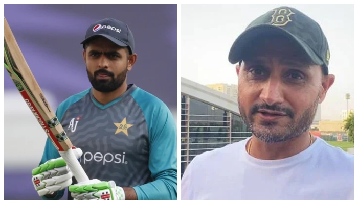Pakistani skipper Babar Azam (left) and ex-Indian cricketer Harbhajan Singh. — Reuters/Screengrab from video issued by Indian media
