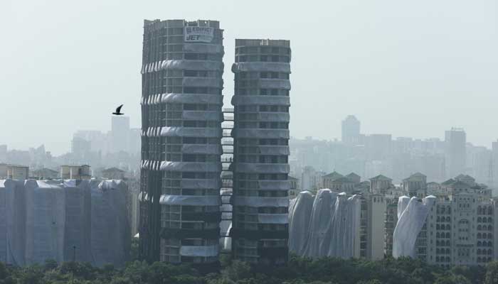 A view of Supertech Twin Towers ahead of its scheduled demolition by controlled explosion after the Supreme Court found them in violation of building norms, in Noida, India. Photo: Reuters
