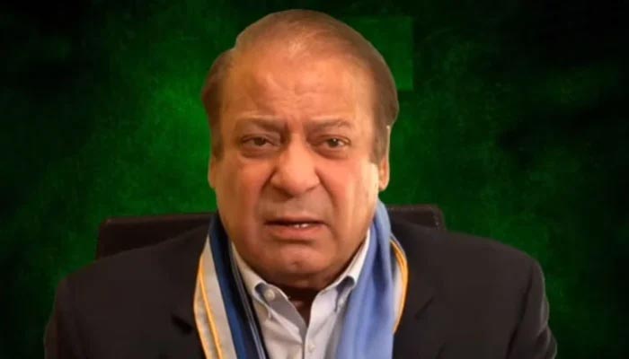 Former prime minister PML-N supremo Nawaz Sharif addresses party workers to appeal them to donate generously for flood victims. — Twitter Video Screengrab