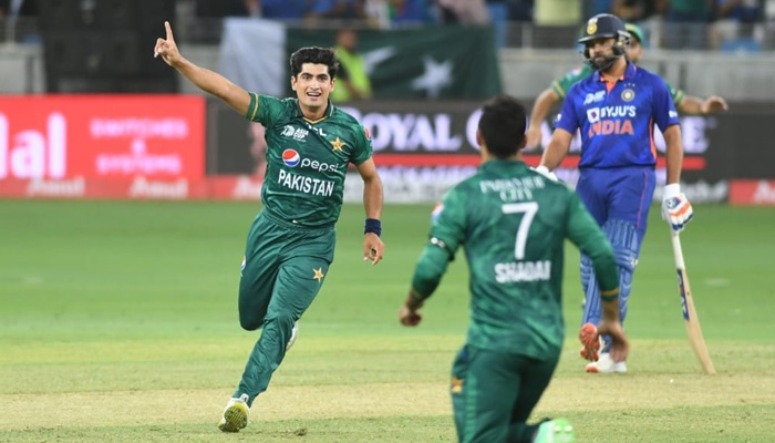 Pakistani pacer Naseem Shah celebrates after taking wicket of KL Rahul in the first over of the Indian innings on Sunday. -Screengrab