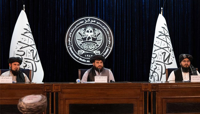 The army chief of staff Qari Fasihuddin Fitrat (L), acting defence minister of Afghanistan Mohammad Yaqoob Mujahid (C) and Taliban defence ministry spokesman Enayatullah Khawarizmi speak during a press conference in Kabul. — AFP
