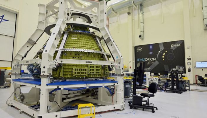 NASAs Orion crew module for the Artemis 3 mission stands in the Operations and Checkout Building during a media tour at Cape Canaveral, Florida, US August 28, 2022. — Reuters