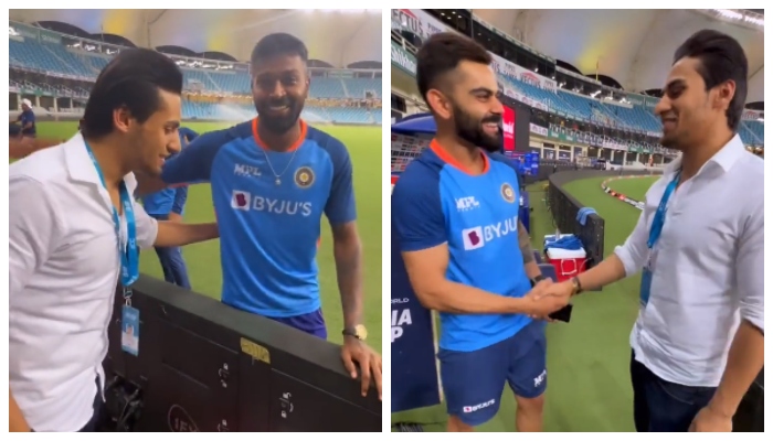 Momin Saqib meets Hardik Pandya (left) and Virat Kohli. — Screengrab/Twitter