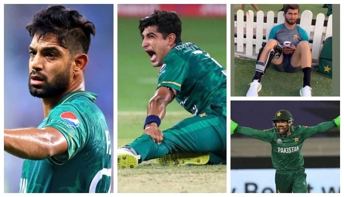 (From left to bottom right) A collage of Pakistani cricketers Haris Rauf, Naseem Shah, Shaheen Shah Afridi and Mohammad Rizwan.