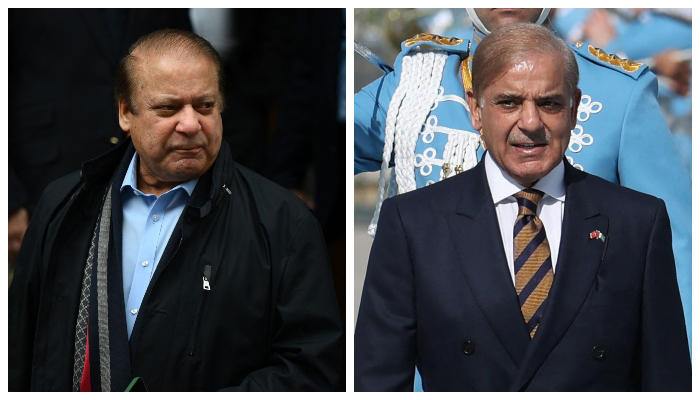 (L to R) PML-N supremo Nawaz Sharif leaves from a property in west London on May 11, 2022, and Turkish President Recep Tayyip Erdogan (not pictured) walks with Prime Minister of Pakistan Shehbaz Sharif upon his arrival during an official ceremony at the Presidential Complex in Ankara, Turkey on June 1, 2022. — AFP