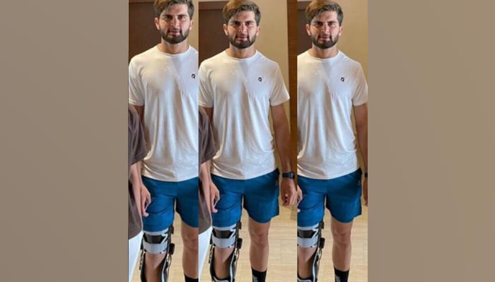 A file image of Shaheen Shah Afridi wearing knee braces as he undergoes medical treatment for his injury. — Twitter/File