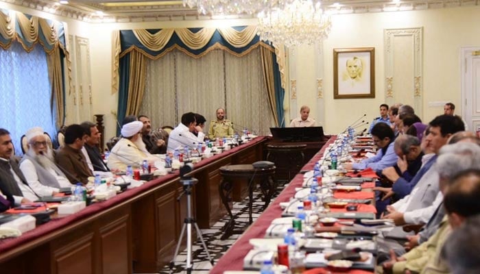 Prime Minister Shehbaz Sharif chairs the national flood emergency meeting in Islamabad on August 29, 2022. — PID