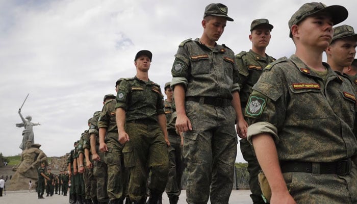 Russian army soldiers march at the Mamaev Kurgan, a World War II memorial in Volgograd, Russia on July 11. Agencies