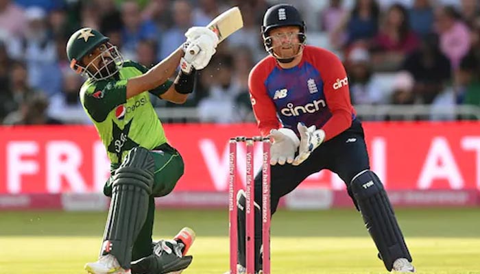 Pakistan skipper Babar Azam playing a shot against England. — Twitter