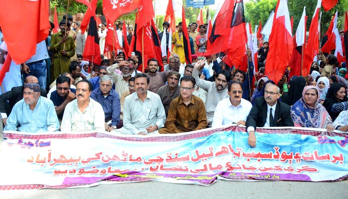 Members of the Sindh Action Committee are holding a protest demonstration against corruption in the flood victims fund, in Hyderabad on Tuesday, August 30, 2022. — PPI/File