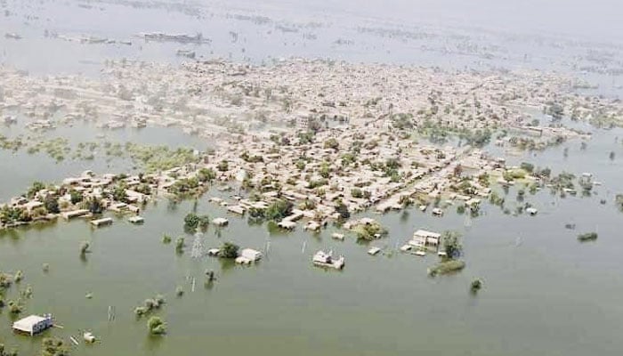 An aerial view of Khairpur Nathan Shah submerged under the floodwater. Twitter