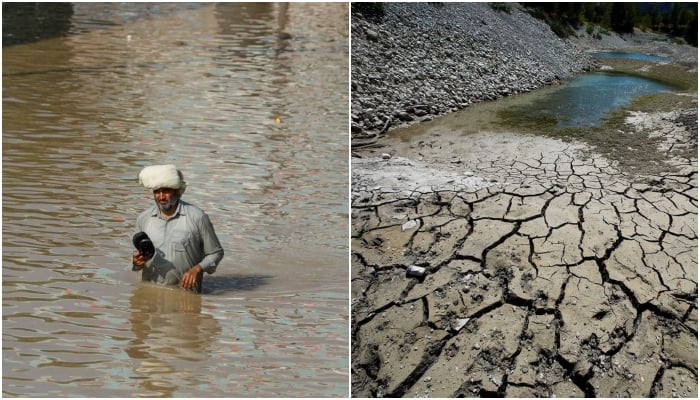 Man wades during the monsoon season in Nowshera, Pakistan and cracked and dry earth is seen on the banks of Le Broc lake. — Reuters