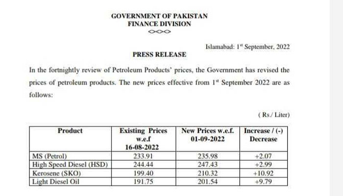 حکومت نے پیٹرول کی قیمت میں 2 روپے 07 پیسے فی لیٹر اضافہ کر دیا۔