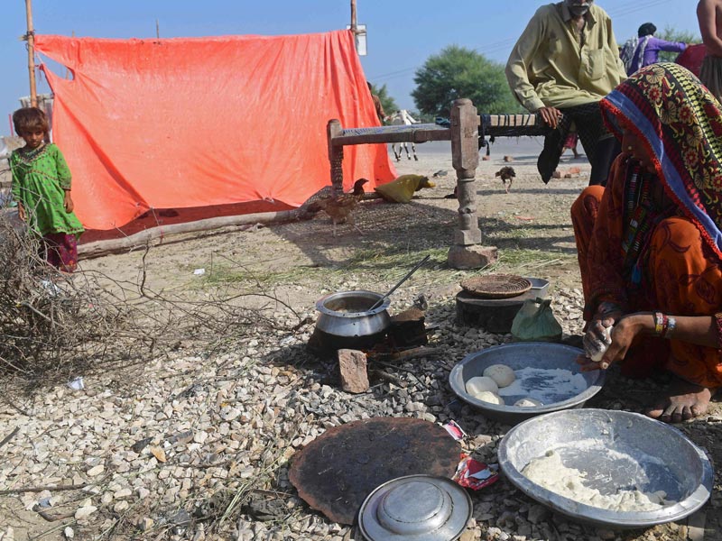 A displaced flood-affected woman prepares food on dry ground for her family after fleeing from her flood-hit home at Shikarpur in Sindh province on August 30, 2022. — AFP/ Asif Hassan