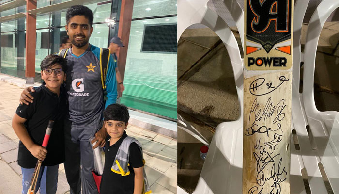 A collage of pictures showing Haroon Suria (left) posing with Babar Azam and another kid, and a bat signed by the national squad members. — Twitter