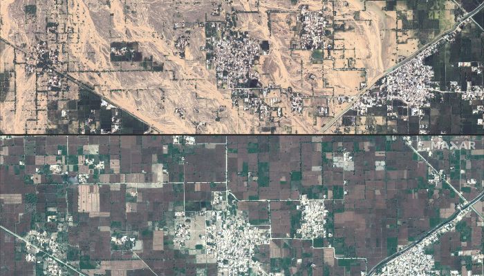 This combination of Maxar satellite images created on August 30, 2022 shows the before/after images of the damaging floods in and around Gudpur, Pakistan. — AFP