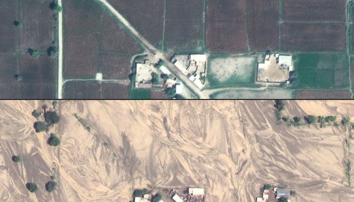 This combination of Maxar satellite images created on August 30, 2022 shows the before/after images of the damaging floods in and around Gudpur, Pakistan.— AFP