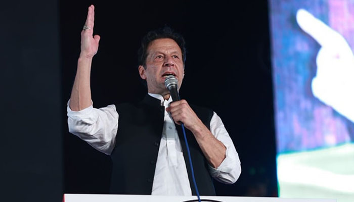 Former prime minister and PTI chairman Imran Khan addressing a public gathering. —PTI Facebook