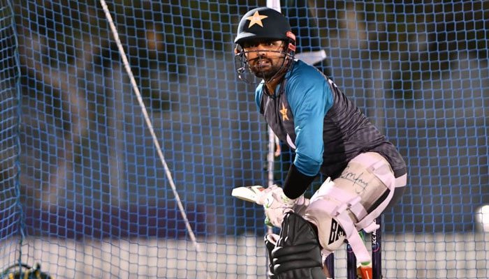 Pakistan skipper Babar Azam practising for the upcoming clash against Hong Kong. Twitter