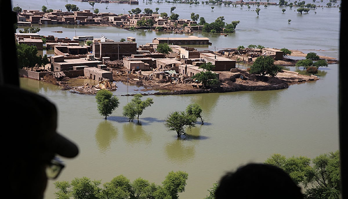 This aerial photograph taken on September 1, 2022 shows a flooded residential area after heavy monsoon rains in Dadu district of Sindh province. — AFP