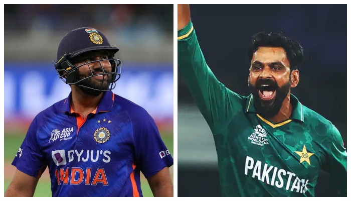 Pakistans former all-rounder Mohammad Hafeez (left) and  Indian captain Rohit Sharma. — AFP/ICC