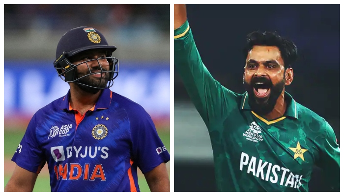 Pakistans former all-rounder Mohammad Hafeez (left) andIndian captain Rohit Sharma. — AFP/ICC