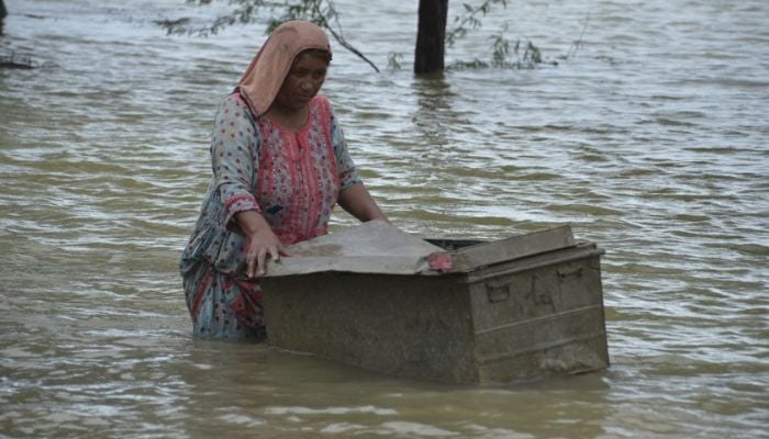 Woman walk through knee-deep water amidst heavy floods in Pakistan.- Reuters