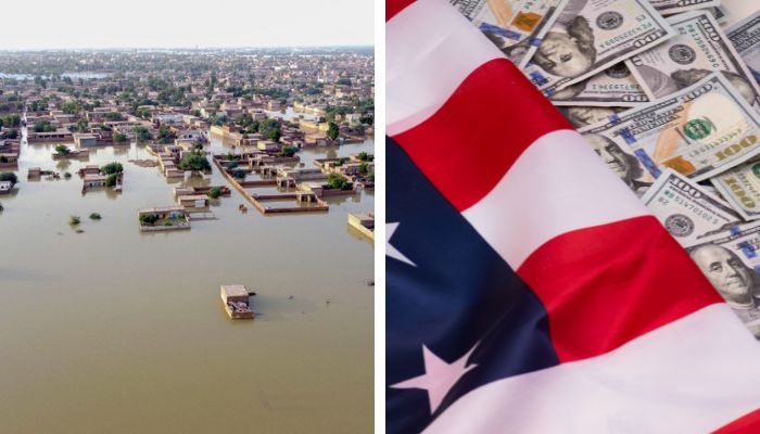 Left image of Pakistans flood-hit Sindh province and Right US aid (representational) - AfP/Canva