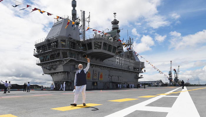 India Prime Minister Narendra Modi gestures during thespecial programme held to mark the commissioning of INS Vikrant in India, on September 2, 2022. — Twitter/narendramodi