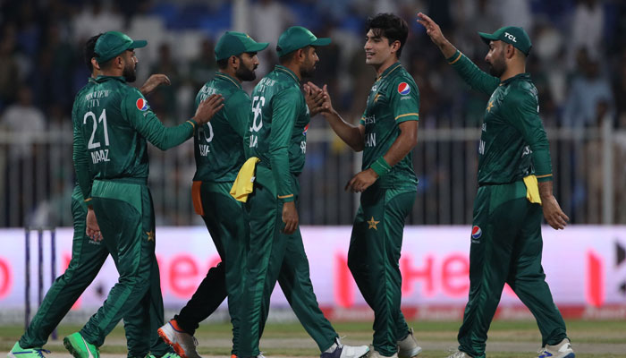 Naseem Shah celebrates with teammates after dismissing Hong Kongs captain Nizakat Khan (not pictured) during Asia Cup T20I between Pakistan and Hong Kong at Sharjah Cricket Stadium. — AFP