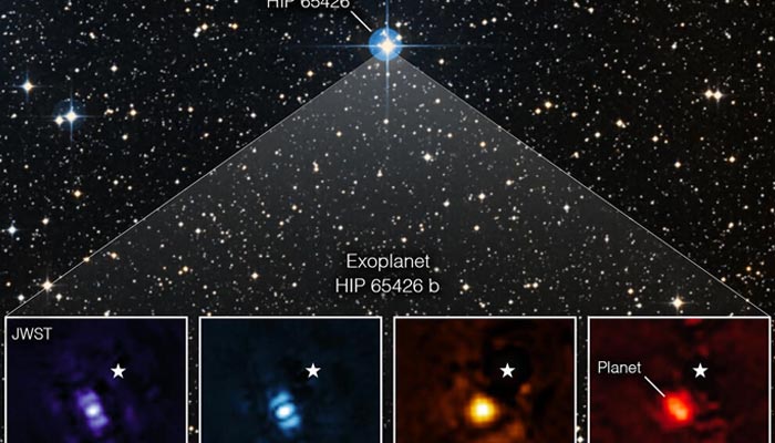 A James Webb Space Telescope direct image of an exoplanet — the image shows HIP 65426 b in different bands of infrared light. — AFP