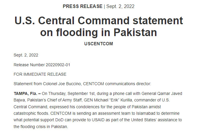 امریکی سینٹ کام ٹیم پاکستان میں سیلاب کے بحران کا جائزہ لے گی۔