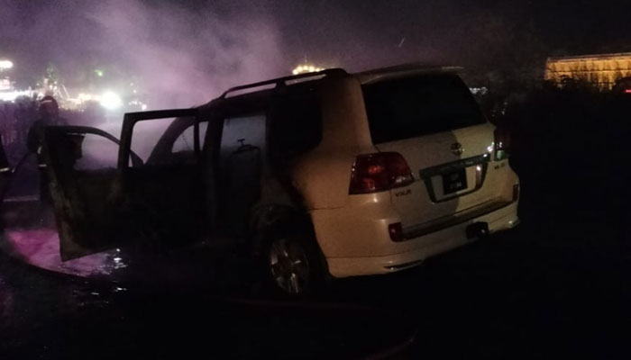 A security vehicle in Imran Khans personal squad caught fire in Islamabad. photo provided by reporter