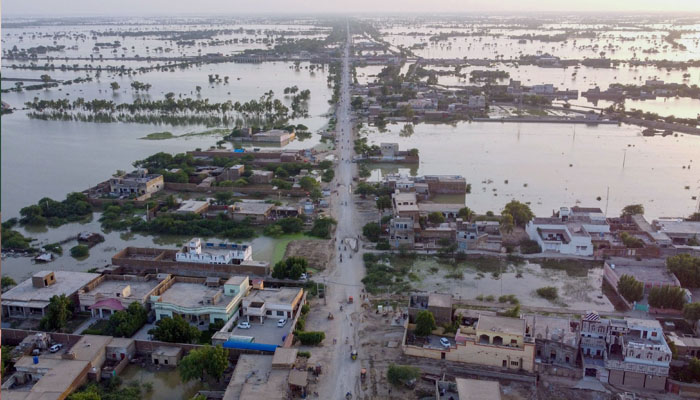 This aerial photograph taken on September 1, 2022 shows flooded residential areas after heavy monsoon rains in Dera Allah Yar town of Jaffarabad district, Balochistan province. —AFP/Fida HUSSAIN